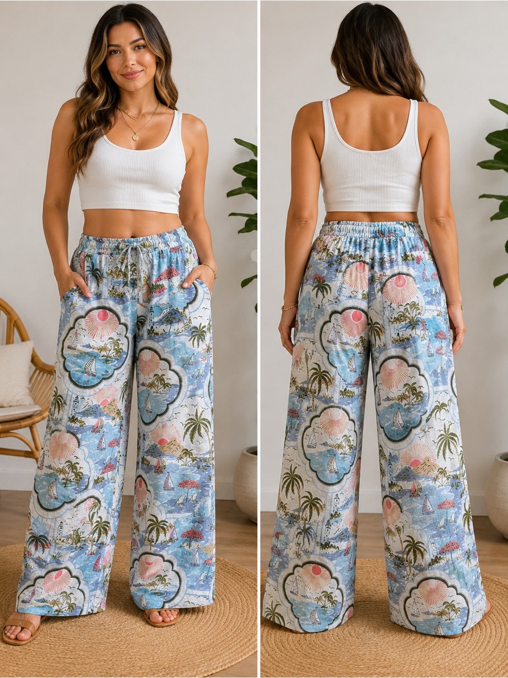 Cynthia Rowley Linen Resort Wide Leg Beach Vacation Coastal Pants Large
